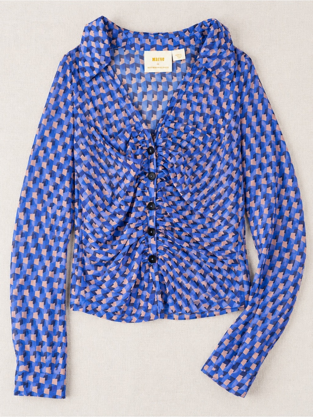 Maeve Blue and Pink Geometric Ruched Button-Front Shirt